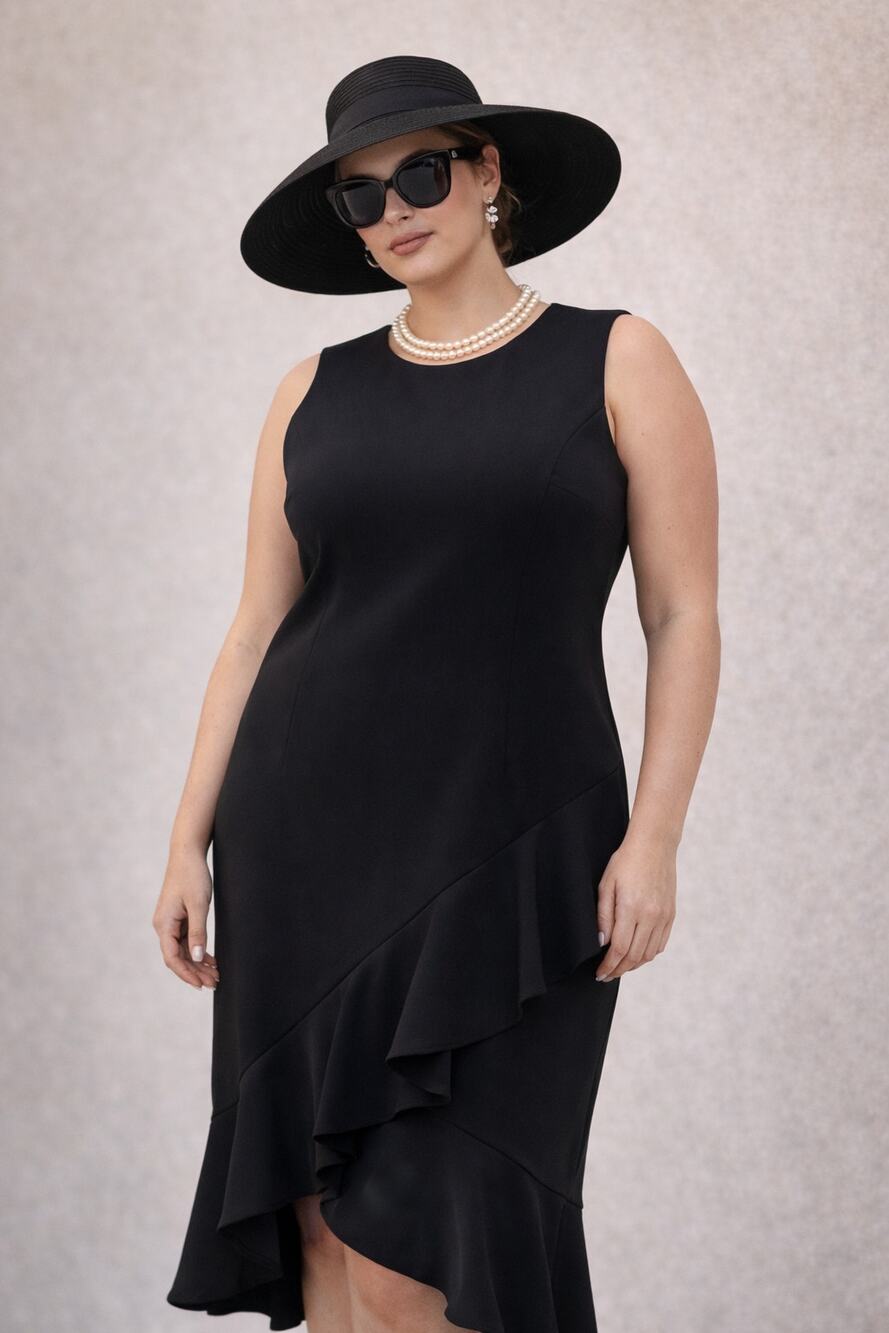 Calvin Klein Black Sleeveless Midi Dress Size 14 Asymmetrical Ruffle Hem Stretch